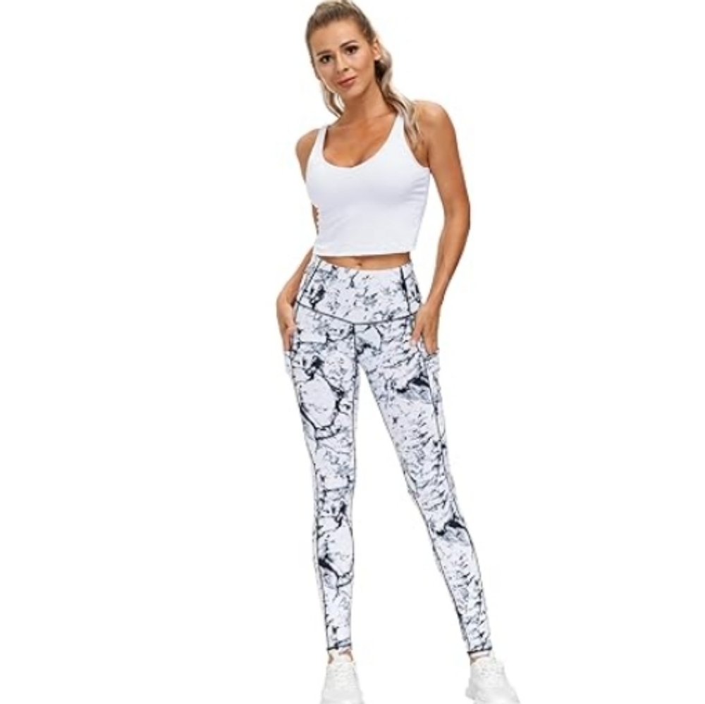 Thick High Waist Yoga Pants with Pockets Tummy Control Leggings White Marble